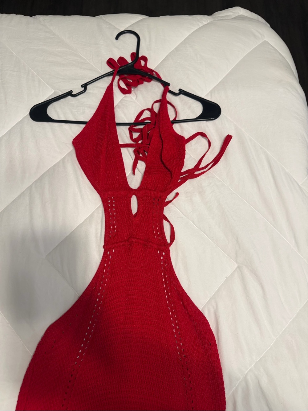 Red Backless Halter Knit Dress with Tie Details